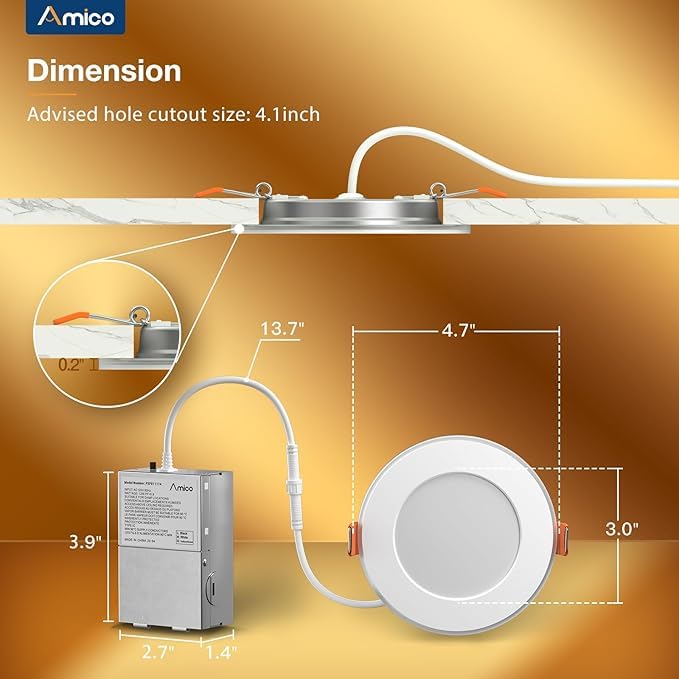 Amico 12 Pack 6 Inch 5CCT LED Recessed Ceiling Light with Night Light, 2700K/3000K/3500K/4000K/5000K Selectable Ultra-Thin Lighting, 12W=110W, 1100LM, Dimmable Canless Wafer Downlight ETL&FCC