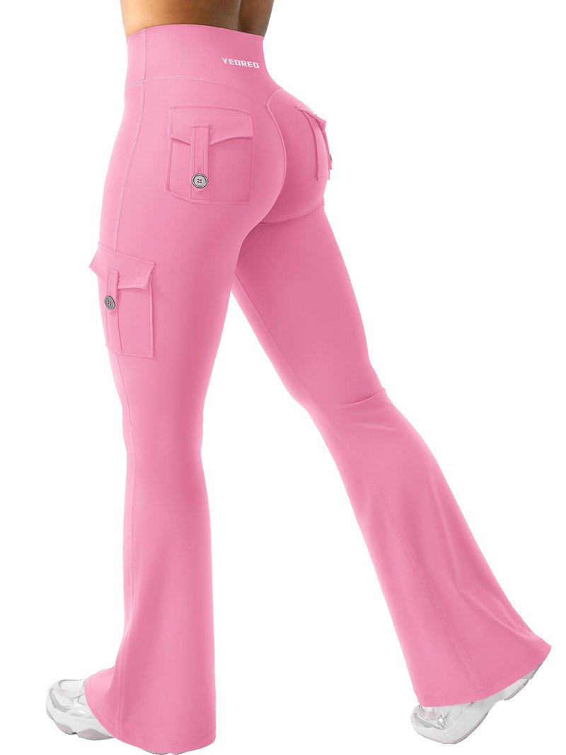 YEOREO CoreFlex Women Workout Flare Leggings with Pockets Hidden Scrunch Cargo Gym Yoga No Front Seam Leggings Pink XXL