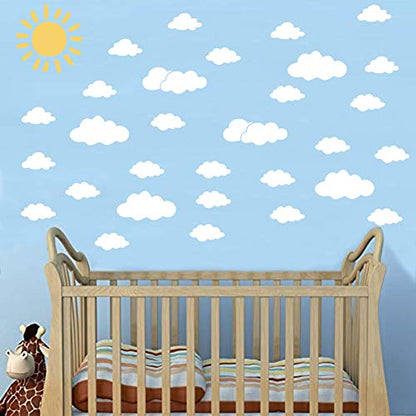 Sun and 30PCS White Clouds Removable Vinyl Wall Decals Peel and Stick Wallpaper Stickers for Nursery Bedroom Living Room