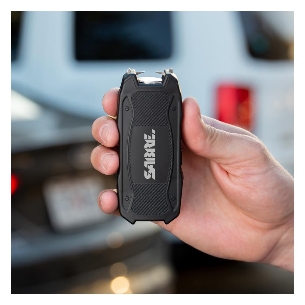 Sabre Stun Gun with Flashlight and Battery Strength Indicator, 1.552 Microcoulombs (µC) Charge, 120 Lumen Flashlight, Increased Reliability, Safety Switch, Rechargeable, Compact Design, Black