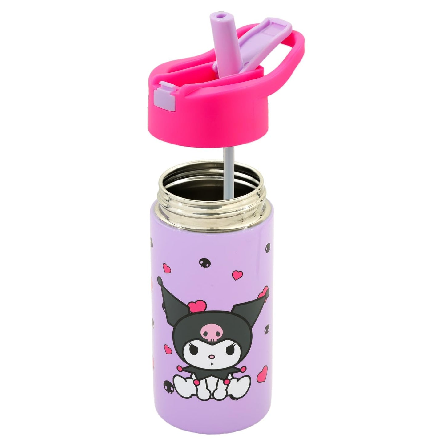 SANRIO Kuromi Stainless Steel Water Bottle for Girls - Bundle with 14 Oz Kuromi Drinking Cup For Home, School, and Sports, Plus Stickers, More Water Bottle with Straw