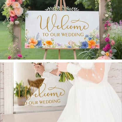 Welcome to Our Wedding Vinyl Sticker Decor for Wall Window Car Waterproof Marriage Reception Sign Ceremony Decal for Couples Spouse DIY Self-Adhesive (Gold-Welcome)