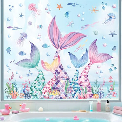 decalmile Mermaid Tail Window Clings Under The Sea Mermaid Bubble Seaweed Window Decals Anti-Collision Glass Window Doors Window Stickers