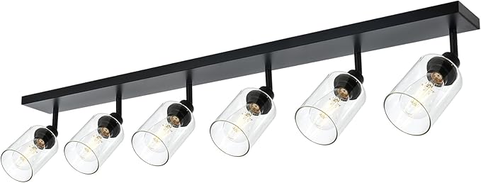 VINLUZ 6 Light Multi-Directional Rotating Metal Ceiling Spotlight with Adjustable Track Heads Classic Bathroom Vanity Wall Lighting with Clear Shade in Black Finish