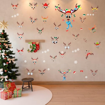 Christmas Reindeer Face Stickers for Crafts, 52 Pcs Christmas Vinyl Reindeer Face Decals for Wall Window Cling DIY Art Door Refrigerator Ornaments Glass Cup Water Bottles Christmas's Party Decorations