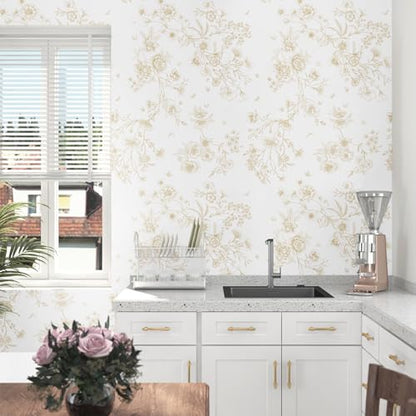 LiKiLiKi 17.3"x118" Peel and Stick Wallpaper Beige and Brown Flowers Leaves Butterfly Floral Wallpaper Self Adhesive Removable Waterproof Contact Paper for Bedroom Bathroom Cabinets Vinyl Roll