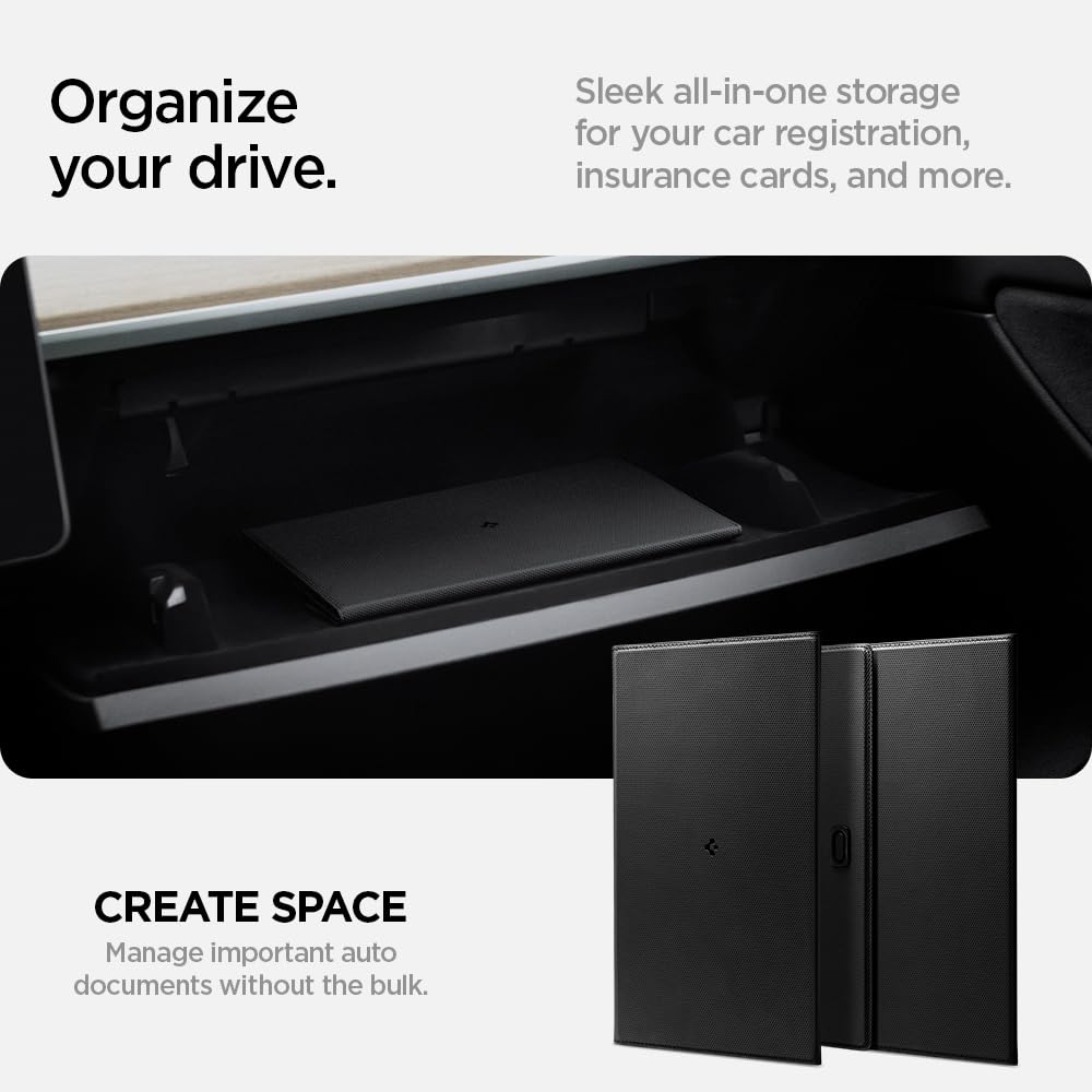 Spigen Hyper-Slim Car Registration and Insurance Card Holder for All Cars [Tesla Model Y Juniper (2025/26) & 3/Y/S/X/Cybertruck] Store Card Keys, ID License Holder, Essential Documents - Black