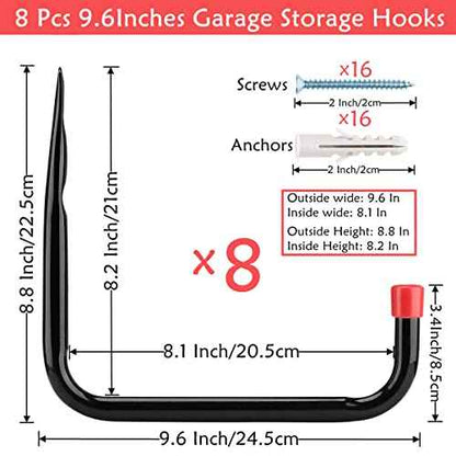 8 Pack Wall Mount Storage Hooks, 9.6IN Garage Utility Hanger for Ladder, Hold Chairs, Garden Tool, Hose, Bike Black +Red 9.6Inch x 8.8Inch