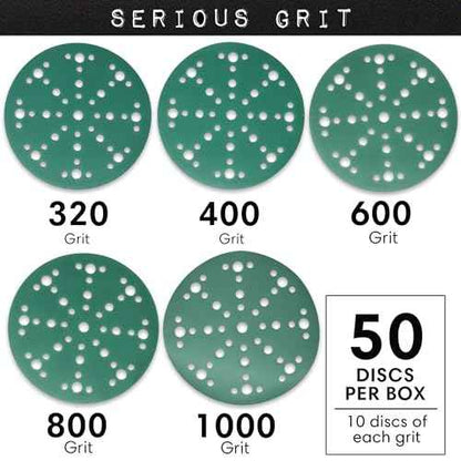 Serious Grit - 6-Inch 49-Hole High Grit Sanding Discs Assortment - 320, 400, 600, 800, 1000 Grit (10 of Each) - Wet Dry Hook & Loop Film Discs - Sandpaper for Random Orbital Sanders - 50 Pack Box