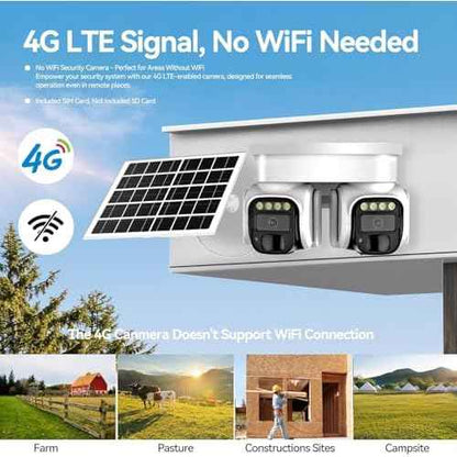 No WiFi Security Camera, 4G LTE Cellular Security Camera, 2K Solar Cellular Cam HD Dual Lens 360¡Æ Pan Tilt, Color Night Vision, PIR Motion Detection, IP66 Waterproof Installed SIM (WHITE, DUAL)