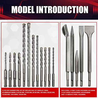 17PCS Rotary Hammer & Chisels Masonry Drill Bit Set, SDS Plus Drill Bits Set, Fit for Drilling and Cutting in Concrete,Brick,Walls