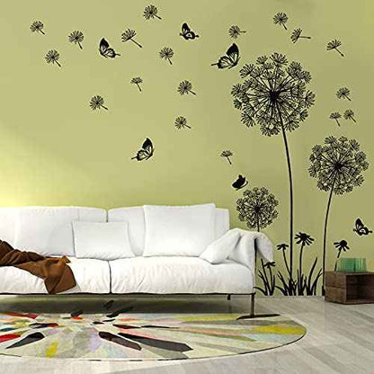 Black Dandelion Wall Stickers Flower Butterflies Flying Wall Decal, Removable Walls Art Stickers for Bedroom Living Room Sofa Backdrop TV Decoration
