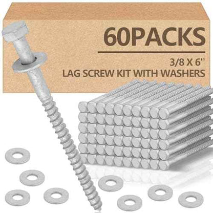 Tandefio 60 Pack 3/8 x 6'' Lag Screw Kit with Washers Hot Dip Galvanized Hex Lag Bolts Heavy Duty Wood Screws for Wood Decks Fences