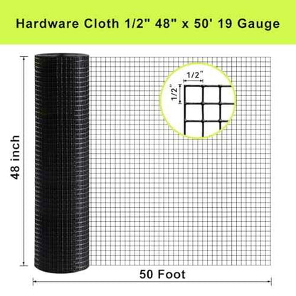 Black Hardware Cloth 48'' x 50' 1/2 inch Mesh 19 Gauge - PVC Coating Wire Mesh Rolls Vinyl Coated Wire Fence Roll Garden Fencing Chicken Run Mesh Screen