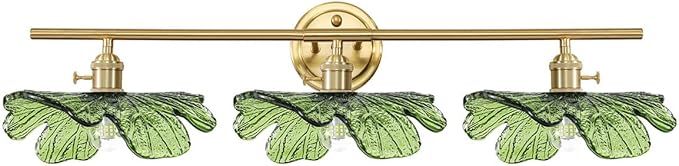 3 Light Bathroom Lighting fixtures Over Mirror, Gold brass Wall Sconce Vintage Bathroom Vanity Light Green Glass Wall Sconce mid Century Modern Wall lamp Art Deco Vanity Lights for Living Room Bedroom