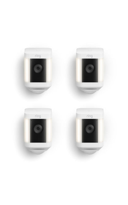 Ring Spotlight Cam Plus, Battery, Home or business security with HD video, Two-Way Talk, Color Night Vision, and Security Siren, 4-pack, White