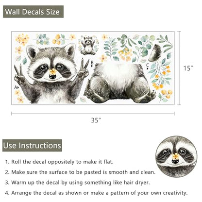 Yovkky Lovely Raccoon Wall Decals Stickers, Woodland Animals Flower Leaves Toddler Baby Nursery Decor, Forest Home Decorations Kids Bedroom Playing Room Classroom Art