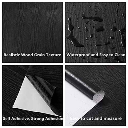 Black Wallpaper Wood Peel and Stick Self Adhesive Film Black Adhesive Paper Countertop Furniture Kitchen Wall Waterproof Removable Self Stick Vinyl Thickening Upgrade 15.8" x118"