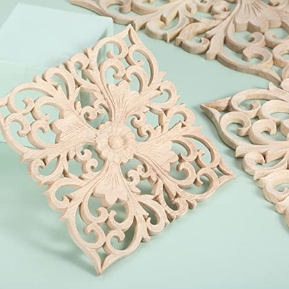 MUXSAM Square Wood Carved Onlays Appliques, Unpainted Ornate Wooden Carvings Center Decals for Closet Door Cabinet Drawer Wall Ceilling Dresser Wardrobe Furniture DIY Decor(2-Pack, 12cm/4.7")