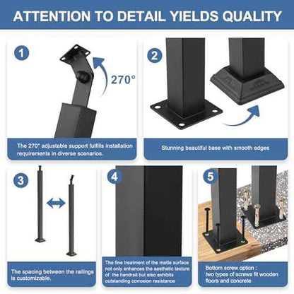 Yolanda 4pcs Black Railing Post Kit, Metal Stair Post, Indoor Outdoor Metal Deck Railing Sprindles, 270¡Æ Adjustable for Porch, Concrete, Wooden Steps (33.46IN)