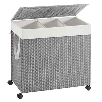 SONGMICS HOME Laundry Hamper with 3 Section, Large 140 L Rolling Laundry Basket with Wheels, Rattan Clothes Basket with Lid, Removable Liner with Handles, Dove Gray and Matte White ULCB602G01