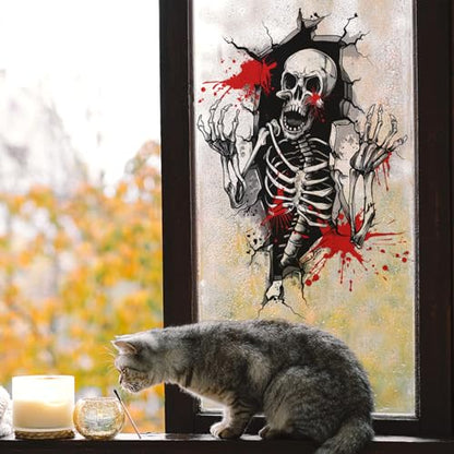 Halloween Wall Decor 3D Horror Skeleton with Blood Wall Decals for Living Room Self-Adhesive Removable Skeleton Wall Stickers for Home Room Bedroom Wall Art Halloween Party Decorations