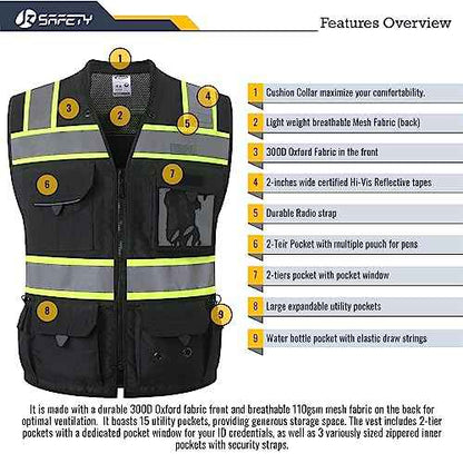 JKSafety Hi-Vis Unisex Surveyor Safety Vest Heavy Duty PPE Inner Pockets ANSI/ISEA Compliant