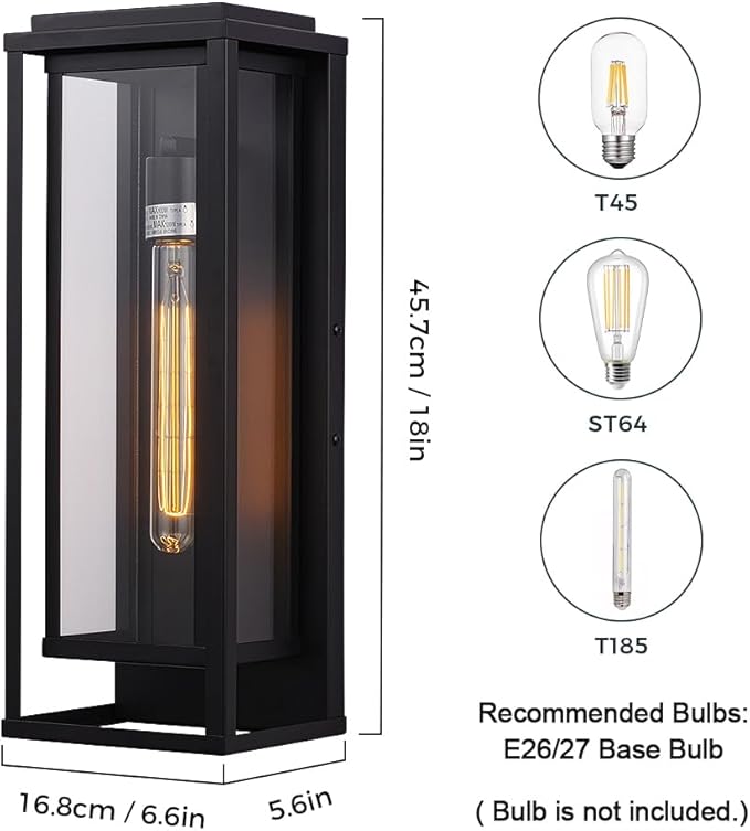 Cerdeco 18” Modern Outdoor Wall Sconce with Rectangular Metal Frame and Transparent Glass Shade,Black Outdoor Lighting for Garage Porch Patio Pack of 2(ETL Listed)