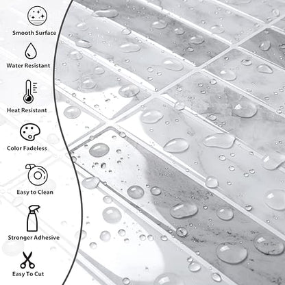 ReWallpaper Marble Peel and Stick Backsplash Waterproof Kitchen Tiles for Wall 12"x12" Removable Grey White Rectangular Subway Tile Self Adhesive Stick on Backsplash for Kitchen Laundry Rooms 3-Sheet