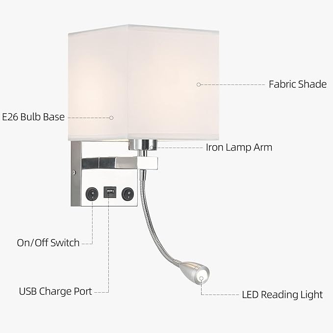 Sconces Wall Lighting Hardwired Modern Wall Lights for Bedroom with USB Port and Reading Lamp, Bedside Wall Lamps for Hotel, Living Room, Office (Silver)