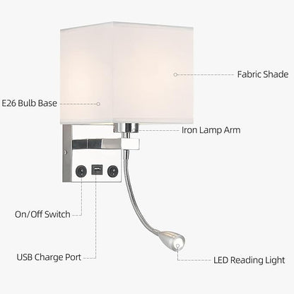 Sconces Wall Lighting Hardwired Modern Wall Lights for Bedroom with USB Port and Reading Lamp, Bedside Wall Lamps for Hotel, Living Room, Office (Silver)