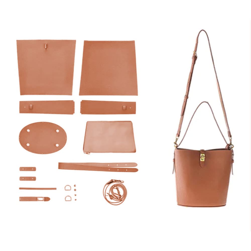 POPSEWING Leather Simple Bucket Crossbody Bag Kits, DIY Shoulder Purse with Sewing Kit, DIY Handmade Bag Kit for Mom Girlfriend (Brown)