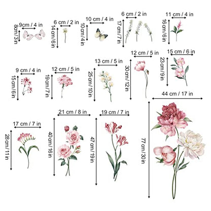 wondever Pink Peony Rose Floral Wall Stickers Garden Flower Peel and Stick Wall Art Decals for Bedroom Living Room TV Wall