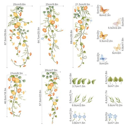 Hanging Flowers Vine Wall Stickers Yellow Morning Glory Wall Decals Autumn Floral Butterflies Art Wall Decor for Bedroom Living Room Sofa TV Backdrop