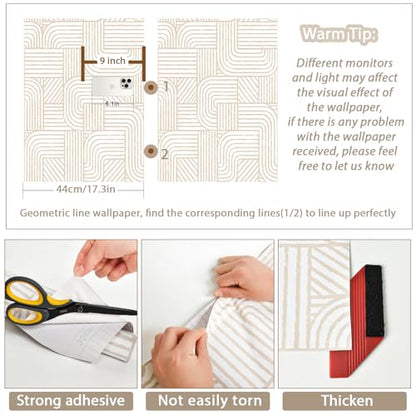 Modern Peel and Stick Wallpaper Boho Contact Paper for Cabinets Drawers Beige and White Striped Geometric Self Adhesive Wallpaper for Bedroom Bathroom Wall Decor Neutral Vinyl 17.3inW 78.7inL