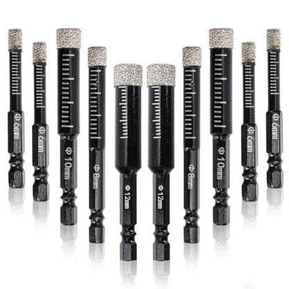 Hacaroa 10 Pack Dry Diamond Drill Bit Set, 1/4 5/16 3/8 1/2 Inch Diamond Core Drill Bits for Tile, Ceramic, Glass, Marble, Granite, Stone, 6, 8, 10, 12mm, 1/4 Inch Hex Shank, 4 Sizes