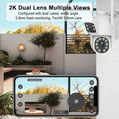2K Dual Lens Outdoor Security Camera, 360¡Æ View Pan/Tilt 2.4G WiFi Wireless Linkage Cameras for Home Security, Home Surveillance Camera with Auto Tracking, Color Night Vision, Two-Way Audio