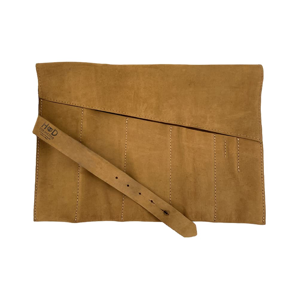 Hide & Drink, Large Tool Roll Up Bag (6 Slots), Portable Carry-On Pouch, Workshop Storage, Woodworking Tools Organizer, Full Grain Leather, Handmade, Old Tobacco