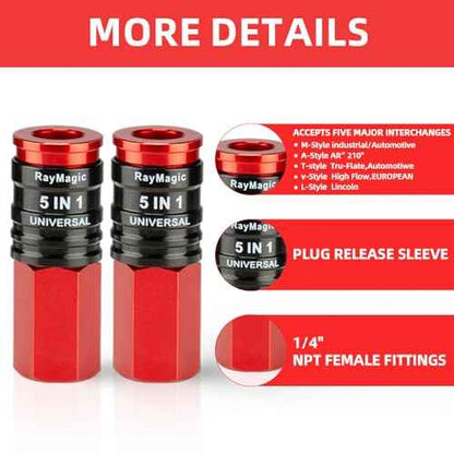 RayMagic 5IN1 Universal Quick Industrial Air Coupler, Air Hose Fittings, 1/4" Female NPT, Quick Connect Air Compressor Accessories, Air Compressor Fittings, 2 PCS RED