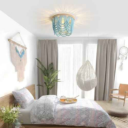 Bohemian Beaded Chandelier - 3 Shallow Wood Beads Ceiling Light for Nursery and Bedroom (Blue)