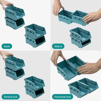 Navaris Storage Bins - Interlocking Plastic Van Boxes - Wall Mounted Compartments for Screws Nails Small Tool Parts - Workshop, Garage, Drawer Shed Bolt Organizer - 3 Bins & 1 Rail