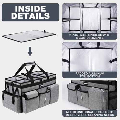Large Cleaning Caddy Bag with Rigid Support Board, Cleaning Organizer Tote with Detachable Divider, Adjustable Shoulder Strap & Waist Belt, Cleaning Supply Carrier for Cleaners & Housekeepers