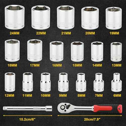 Mayouko 21PCS 3/8" Drive Ratchet Socket Wrench Set, Drive Socket Set with Shallow Sockets, 6-24mm, Extension Bar 6", Standard, 72 Tooth Quick Release Reversible 3/8" Drive Ratchet Handle, CR-V Steel