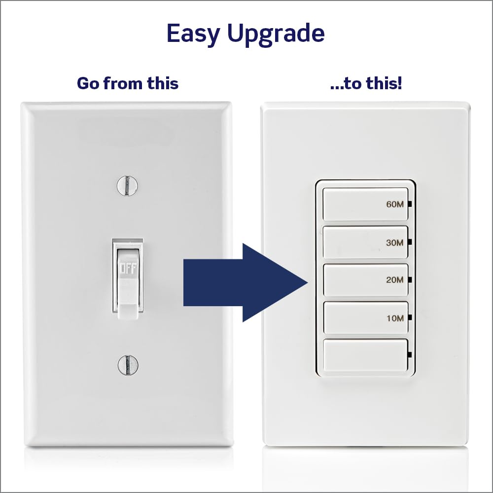 Leviton Countdown Timer Switch for bathroom fan and household lights, 5-10-15-30 min, No Neutral Required, Single Pole, 15A, 1/2 HP/9.8A Fan/Motor, DT130-1LW, White