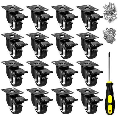 2" Caster Wheels Set of 16, Heavy Duty Casters with Brake, No Noise Locking Casters with Polyurethane (PU) Wheels, Swivel Plate Castors Pack of 16