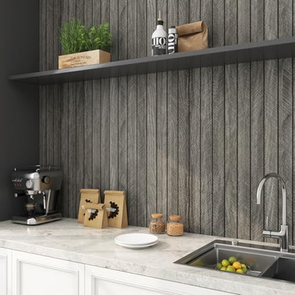 LaCheery Fluted Slat Wood Wall Panels Peel and Stick Black Gray Herringbone Wooden Panels for Interior Wall Decor 3d Flexible Self Adhesive Foam PVC Panel Roll Bedroom Bathroom Walls Covering 11.8x79"