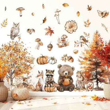 6 Sheet Fall Woodland Animal Wall Decals Autumn Forest Animal Maple Tree Mushroom Wall Cling Stickers Reusable for Thanksgiving Party Home Glass Window Decor