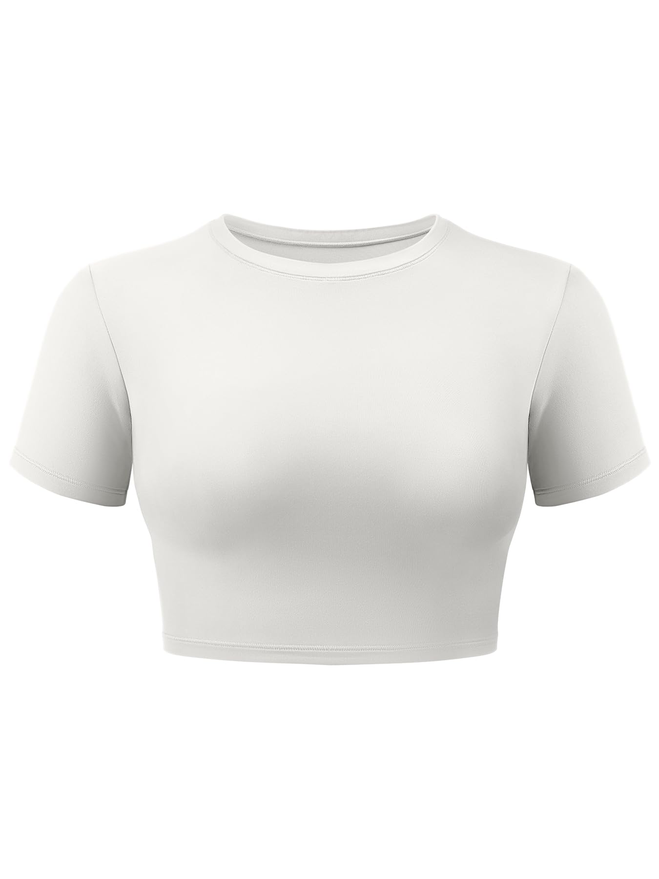 VOYJOY Womens Double Lined Fitted Short Sleeve Crop Tops Crew Neck Casual Workout T Shirts Cute Basic Tee White S