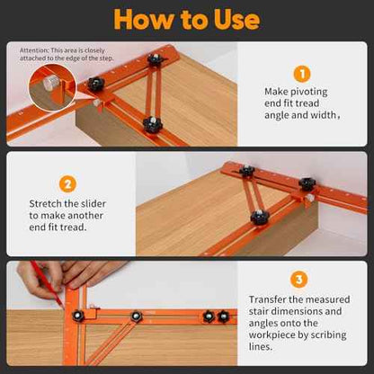 Stair Tread Template Tool, Stairs Treads Jig Stair Tread Gauge Aluminum Alloy Ruler with Angled Brace and Edge Flip Stops Adjusting Length from 12" to 60", Stair Tools Measuring Gauge
