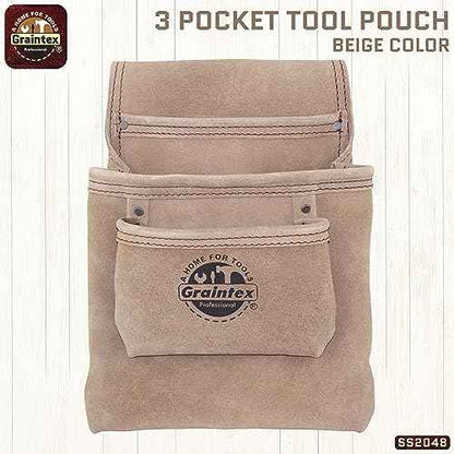 Graintex SS2048 3 Pocket Nail & Tool Pouch Beige Color Suede Leather for Constructors, Electricians, Plumbers, Handymen